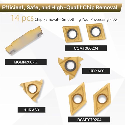 Joogto Indexable Lathe Turning Tool 21Pcs Kit 3/8'' 10mm Shank 7Pcs Metal Lathe Tools Holder Set with 14Pcs Turning Inserts for Turning Grooving Threading Boring Carbide Inserts Carbide Turning Tool