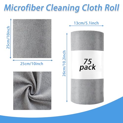 Niurewan 75 Pack Microfiber Cleaning Cloth Roll,Reusable Tear Away Microfiber Towels,Washable Ultra Absorbent Rags Drying Dishcloths for Car,Home,Garage or Shop(Grey)