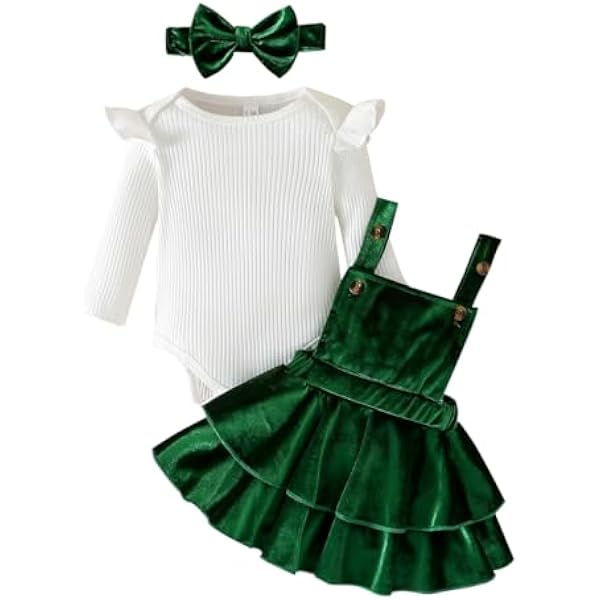 HJZZQH Dziewczę stroje świąteczne z długim rękawem Onesie Romper + aksamitna spódnica z szelkami zestaw + opaska na głowę 3 szt. ubrania jesienno-zimowe
