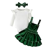 Noubeau Baby Girls Christmas Outfits Long Sleeve Onesie Romper+Velvet Suspender Skirt Set+Headband 3Pcs Fall Winter Clothes(Green,3-6 Months)