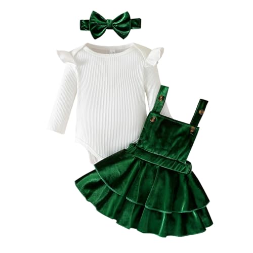 Image of Noubeau Baby Girls Christmas Outfits Long Sleeve Onesie Romper+Velvet Suspender Skirt Set+Headband 3Pcs Fall Winter Clothes