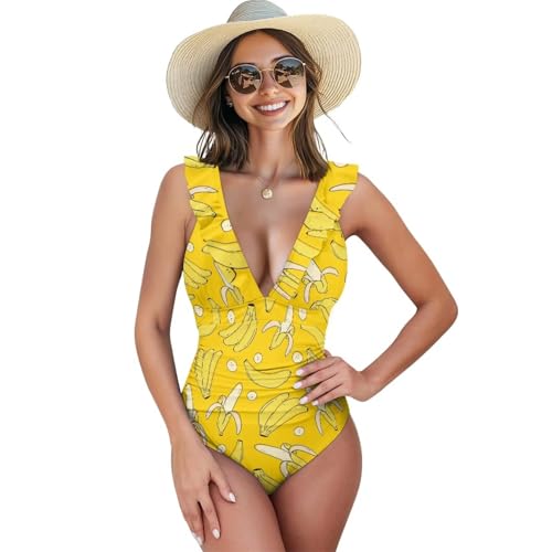Yuosegray Banana Swim Suits for Women 2025 High Waisted One Piece Bathing Suit for Women Tummy Control High Cut Swimsuit for V Neck Halter Cut Out Open Back Ruch Rush Up Quick Dry (XL)