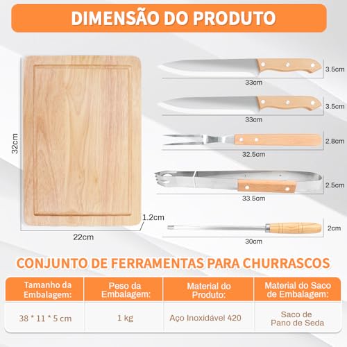 Kit Churrasco com Tabua, Kit Churrasco, Kit Churrasco Inox, Kit Churrasco Tradicional Inox 6 Peças,