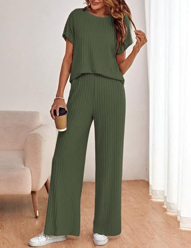 LTSCNRM Womens 2two Piece Outfits Crochet Sets Casual Knit Sweater Crewneck Short Sleeve Tops Wide Leg Pants2