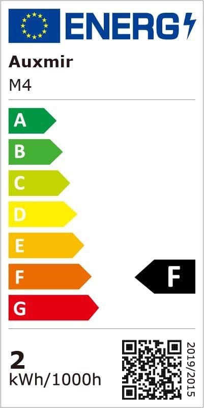 Energy label for Auxmir M4 lamp showing energy efficiency class F and 2 kWh/1000h consumption.