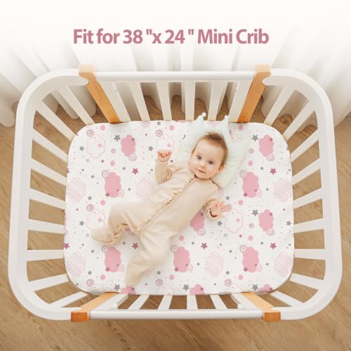 Image of Pack and Play Sheets Fitted, Mini Crib Sheets Girl 38 inch x 26 inch Compatible with Graco Pack n Play and Portable Playard Mattress Pads, 3-Pack Soft Microfiber Pink Rainbow