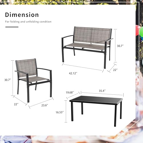 Image of Shintenchi 4 Pieces Patio Furniture Set All Weather Textile Fabric Outdoor Conversation Set, with Glass Coffee Table, Loveseat, 2 Single Chairs for Home, Garden, Lawn, Porch(Light Brown)
