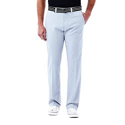 Haggar Men's Stripe Stretch Belted Poplin Flat Front Slim Fit Pant