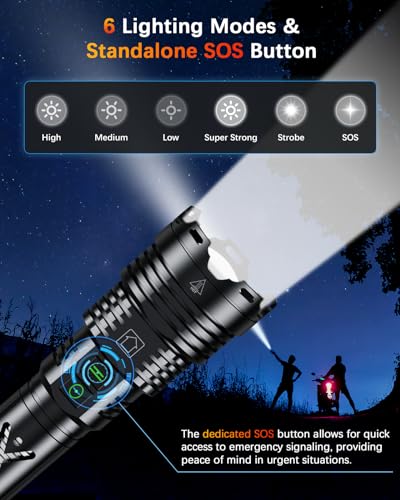 Image of Super Bright Rechargeable Flashlight 2000000 High Lumens Waterproof Tactical Powerful Led Flashlight Battery Powered With 6 Mode Zoomable Fast Charge, Handheld Flashlight For Camping Caving Emergency