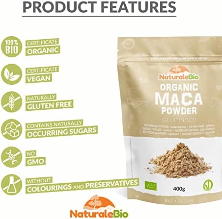 Organic Maca Powder 400g. Peruvian, Natural and Pure, from Organic Maca Root. Vegetarian and Vegan Friendly - Gelatinised - NaturaleBio