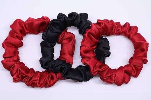 Image of Satin Scrunchies Hair Bands for Women | No-Damage Elastic Hair Ties for Ponytails & Buns | Fluffy & Stylish Rubber Bands | Free Size | Pack of 3 (Set of Maroon Red and Black Color)