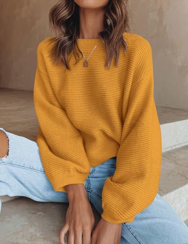 Image of ZESICA Women's Crew Neck Long Lantern Sleeve Fall 2026 Casual Loose Ribbed Knit Solid Soft Pullover Sweater Tops