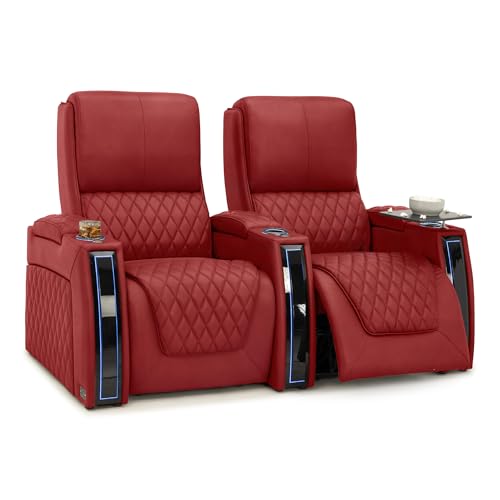 Image of Seatcraft Apex Red Italian Leather Home Theater Seating, Zero Gravity Power Recliner, Powered Headrest and Lumbar Gaming and Home Office Chair, Lounge Sofa Furniture for Cinema Room, Row of 2