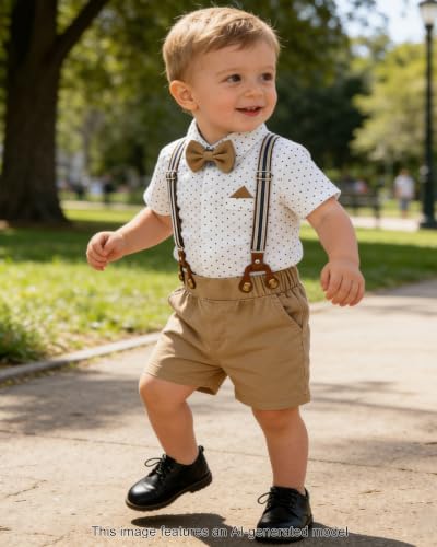 Image of SANGTREE Baby Boy Suit Wedding Ring Bearer Outfits Vest Short Sleeve Bowtie Shirt Suspender Summer Gentleman Shorts Sets