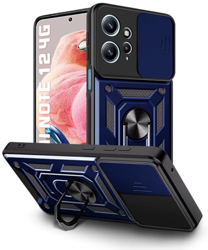 Image of WOW IMAGINE Tough Armor Bumper Mobile Back Case for Redmi Note 12 4G | Sliding Camera Shield Cover | Shock Proof 360 Protection | Hybrid PC + TPU | Ring Holder with Kickstand - Blue