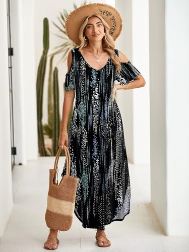 Image of BELAROI Womens Cold Shoulder Maxi Dress Plus Size V Neck Summer Sundresses with Pockets Beach Coverup Vacation Outfits