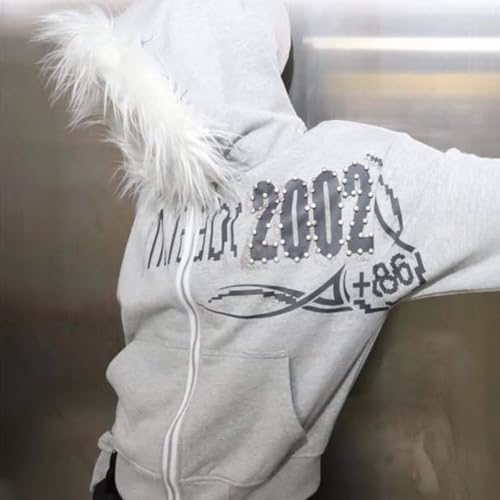 Monkay Women‘s Zip Up Hoodies Jackets Fur Hood Y2k Jacket Faux Fur Collar Graphic Top with Pockets Vintage Streetwear2