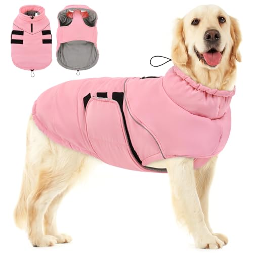 Peferhouse Extra-Large Dog Winter Coat, Warm Pink XL Reflective Jacket with Harness Hole
