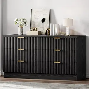 DWVO Fluted 6 Drawer Dressers, 47.5" Wide Modern Chest of Drawers, Wooden Dresser with Metal Handle, Versatile TV Stand Cabinet Table for Bedroom, Closet, Living Room, Hallway, Black