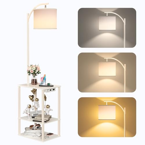 Image of SUNMORY Floor Lamp with Table, End Table for Living Room with Lamp, Shelves Side Table with Charging Station(USB & AC Port), 3 Color Temperature LED Bulb, Modern Nightstand Lamp for Bedroom, Office