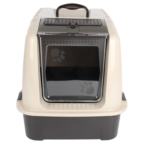 Image of JOLIE MAX Hooded Cat Litter Box with Flip-Up Front Door & 4 Latches – Enclosed Easy-Clean Pet Toilet, 17L High-Sided Tray, 1.65kg Lightweight Plastic, (52.5 x 38 x 38.5 cm) (Beige)