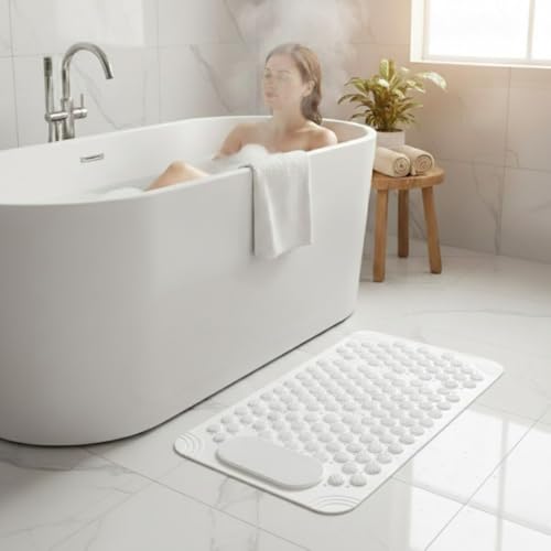 Image of Charge -X Anti Slip Bath Mat with Foot Scrubber for Bathroom | 2-in-1 Silicone Shower Mat with Suction Cups & Drainage Holes | Deep Cleaning Foot Scrubber Massage Mat (70 x 35 cm) White