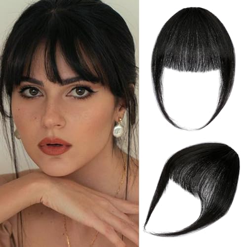 Wodelanle Bangs Hair Clip in Bangs Real Human Hair Clip on Wispy Bangs Fringe with Temples Hairpieces Fake Front Bangs Extensions for Women Dark Black