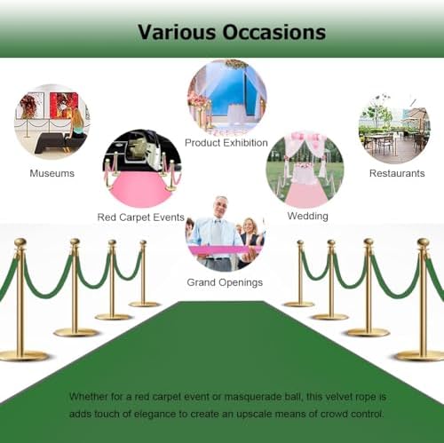 4 Pack Green Velvet Rope 2-13 Feet, Crowd Control Stanchion Rope with Hooks for Event Queue Dividers, Hotel & Movie Theater Barrier, Premium Quality, Elegant Design