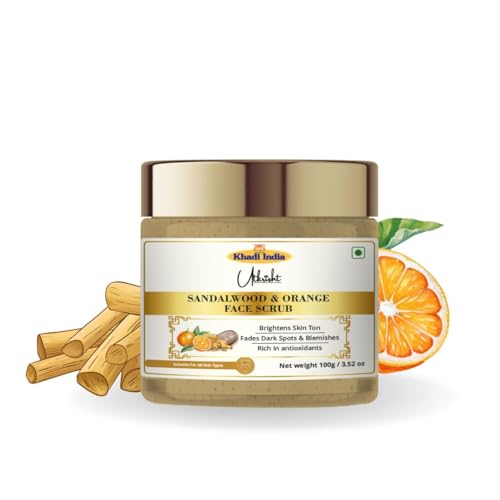 Image of Khadi Sandalwood & Orange Face Scrub 100 gm | Refreshing & Rejuvenating | Exfoliating Scrub with Vitamin C | Brightens, Even Out Skin Tone | All Skin Types | Tan Removal Scrub for Men & Women