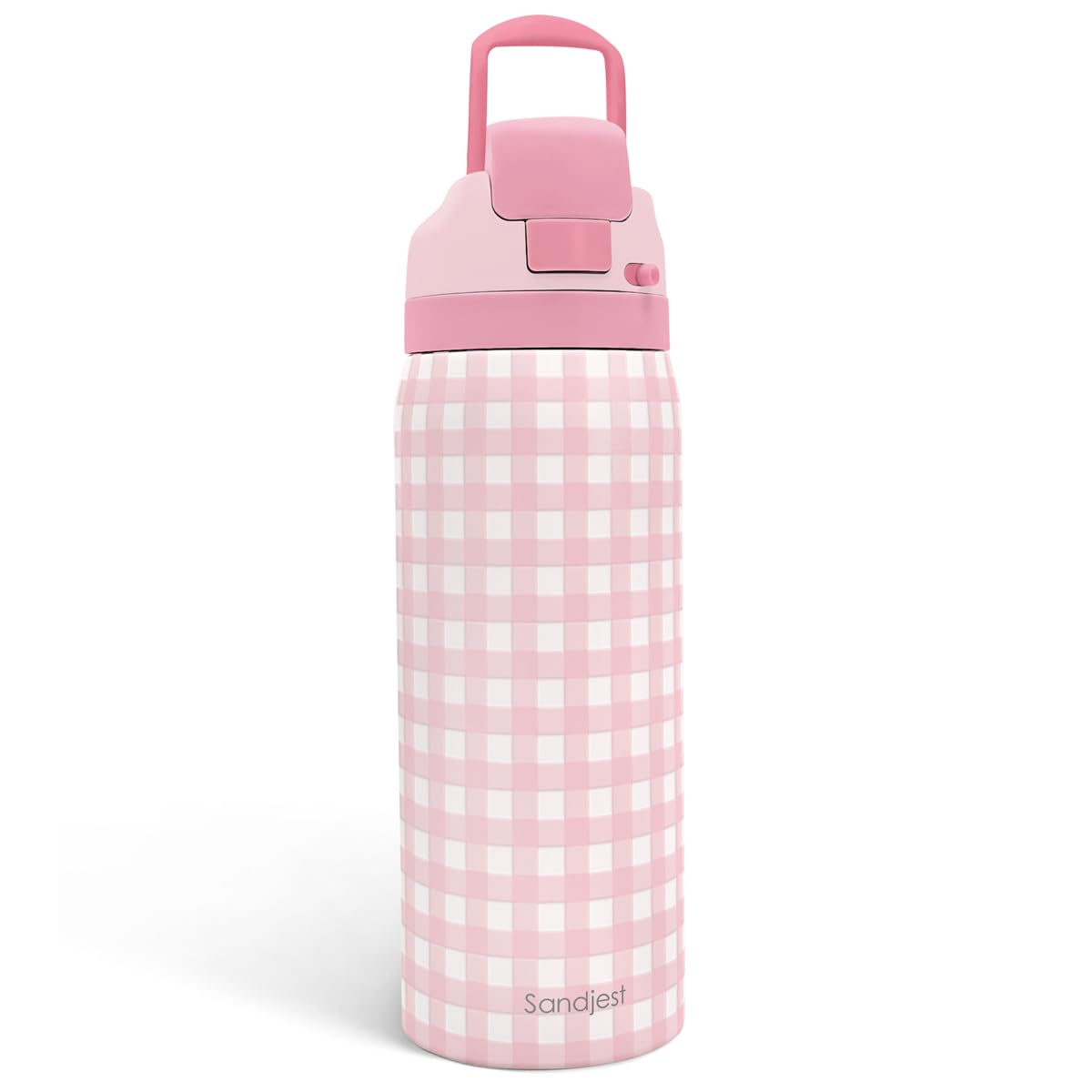Gingham Pattern Insulated Stainless Steel Water Bottle with Straw, Push-Button Lid, 32 Ounce, Gifts for Women Girls Friends Teens Birthday Christmas (Pink)