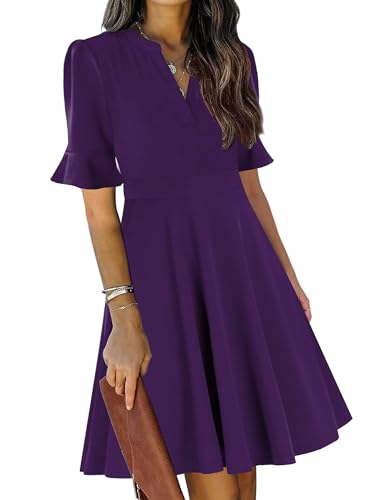 Image of Mokayee Womens Summer V Neck Ruffle Short Sleeve Fit and Flare Knee Length Church Wedding Guest Dresses with Pockets