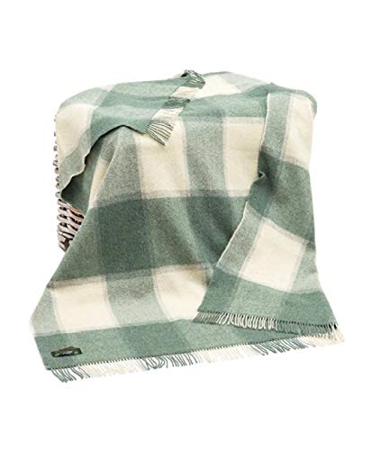 Genuine Irish, 100% Wool Throw & Toss Blanket, Traditional Plaid Print, Soft Warm Heirloom Quality Lambswool, Imported from Ireland, 54" x 72" Inches, Green/White