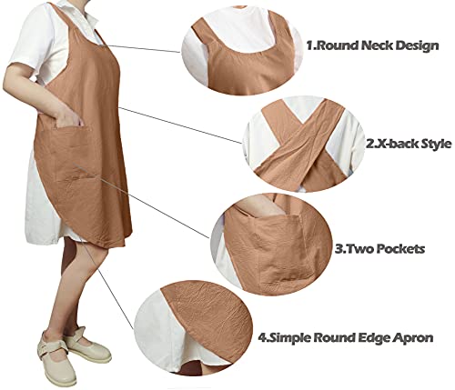 Cotton Cross Back Aprons Solid Color Cooking Kitchen Garden Smock For Women Girls With Pockets (Brown, 37Wx 32L) #TOP3
