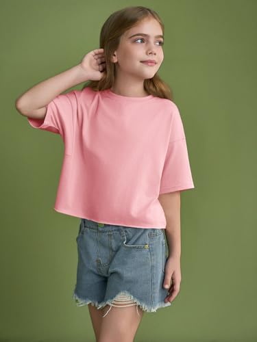 Image of Girls Athletic Oversized Crop Tops Kids Drop Shoulder Short Sleeve T Shirts Workout Tees 5-14 Years