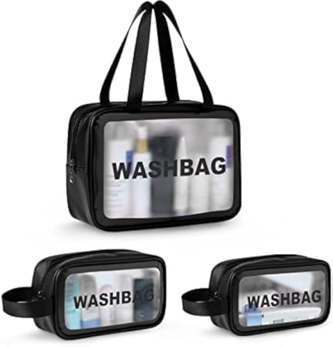 Image of Cosmetic Pouch, Make up Bag for Home & Travel, Toiletry Bag for Cosmetics, Brushes, Accessories Set of 3 - Wash Bag - Light Pink and Black (Blue) (Black-H)