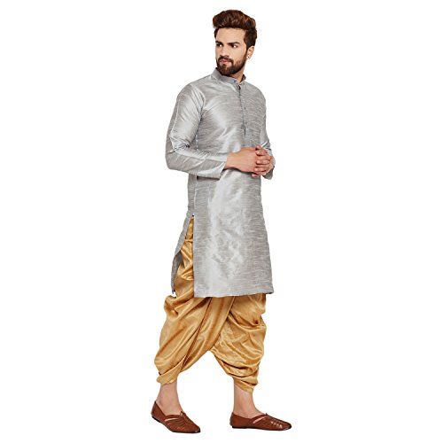 Image of SOJANYA (Since 1958 Men's Off-White and Gold Dupion Silk Dhoti Kurta Set