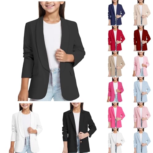 Girl's Blazer Jacket Casual Dressy Solid Long Sleeve Lapel Open Front Suit Coat with Pockets Formal Open Front Cardigan 3-14Y