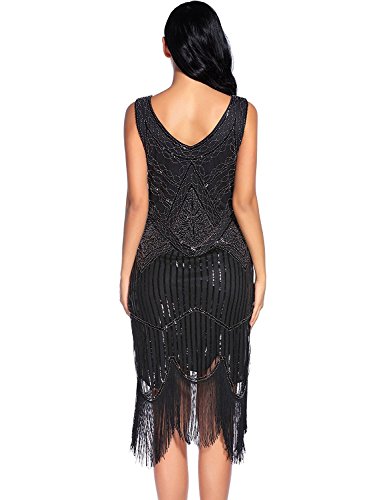 Plus Size 1920S Vintage Fringed Gatsby Sequin Beaded Tassels Hem Flapper Dress For Women (Black, Medium) #TOP2