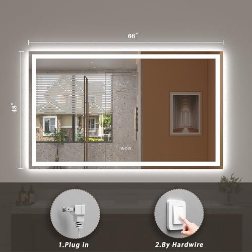 Image of 66x48 LED Lighted Mirror for Bathroom Wall Mounted, Dimmable Vanity Mirror with Lights, Anti-Fog, ETL Listed (Backlit and Front Lighted)
