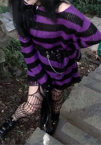 Image of Goth Y2K Striped Sweater Grunge Ripped Punk Gothic Sweaters for Women