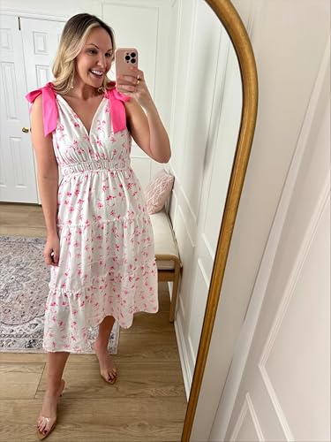 Image of Wenrine Womens Summer Floral Maxi Dress Casual Self Tie Sleeveless V Neck Smocked Boho Tiered Beach Sundresses
