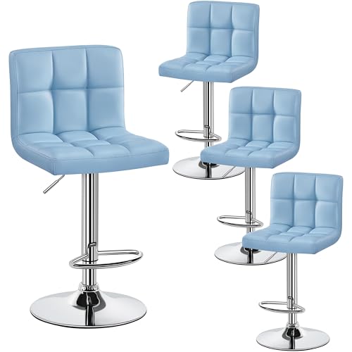 Image of Yaheetech Bar Stools Set of 4, Adjustable PU Leather Swivel Barstools, Modern Counter Stools with Back and Footrest, Counter Height Barstools for Bar, Kitchen, Dining Room, Blue