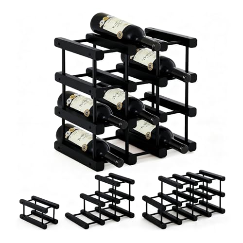 Yolispa Wooden Wine Rack for 12 Bottles, 4 Tiers Freestanding Wine Holder Organizer, Expandable Bottle Racks for Kitchen, Restaurant, Bar, Pantry, Cellar (Black)