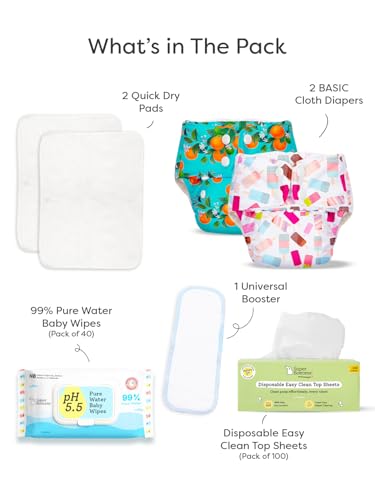 Image of SuperBottoms BASIC Cloth Diaper Starter Kit - Washable Reusable Baby Diaper with Quick Dry Pads, Universal Booster, 100 Disposable Diaper Liners & 99% Pure Water Baby Wipes (pack of 40) | 3m - 3y
