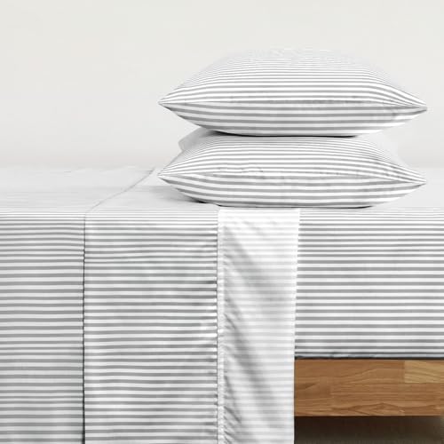 Image of Wake In Cloud - Striped Bed Sheets, 4-Piece Sheet Set, Ticking Vertical Pin Stripe Modern Farmhouse Pattern Printed Bedding, Deep Pocket, Gray White, Queen Size