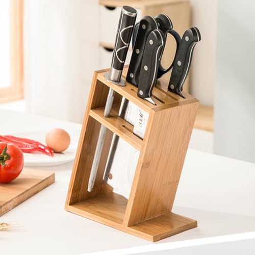 Support pour couteaux de cuisine en bambou avec porte-ciseaux multifonction compact - 8