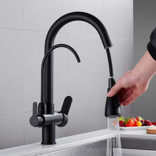 Miniatura 3 de Fzhlr Latón Cepillado Cromo Negro Caliente Fría Agua Pura 3 En 1 Grifo De La Cocina Puro Saque El Grifo Mezclador Beber Agua Del Grifo Doble Salida Del Grifo, Negro