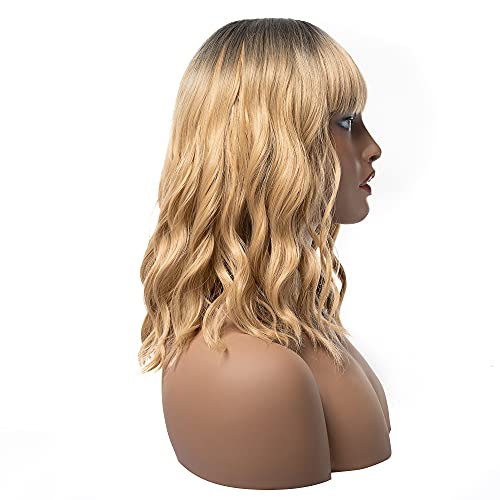 Festival Party Honey Blonde Ombre Wavy Bob Wig With Bangs With Dark Root, For Women Girls, Shoulder Length, Heat Resistant Synthetic Fiber, Daily Use Costume Cosplay Halloween Party, Blond Curly Hair 14 Inch #TOP2
