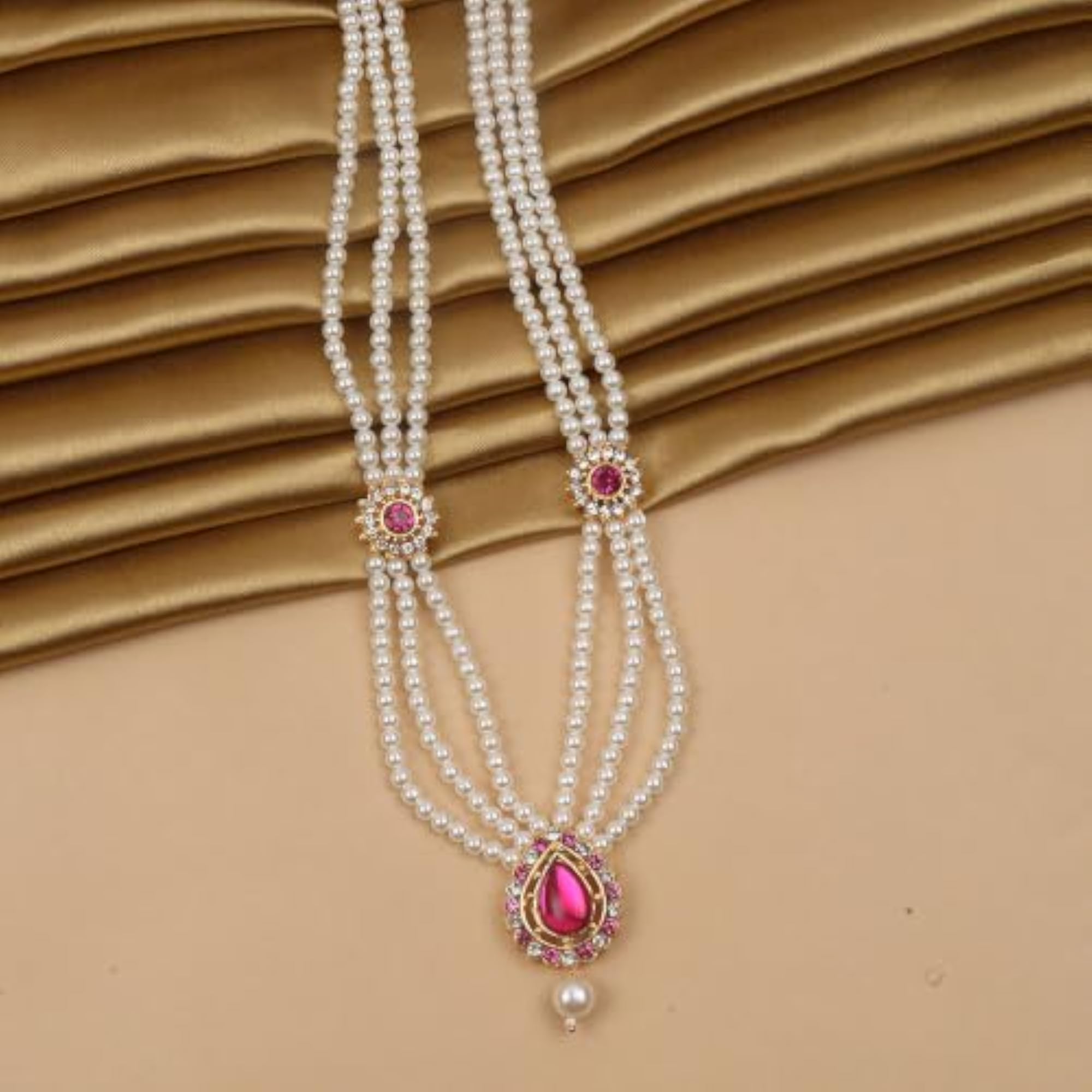 Three Layer Pearl Mala Necklace with Pink Stone Pendant