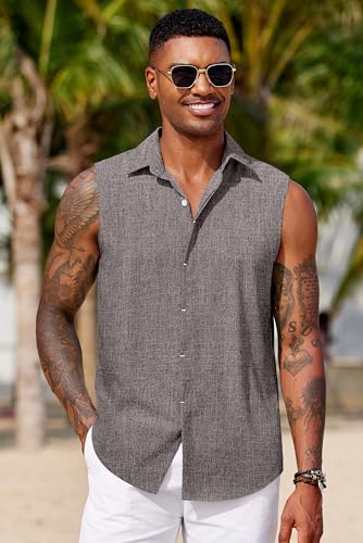 COOFANDY Mens Sleeveless Button Down Beach Shirts Casual Summer Tank Tops Collared Imitation Linen Tank Shirt4